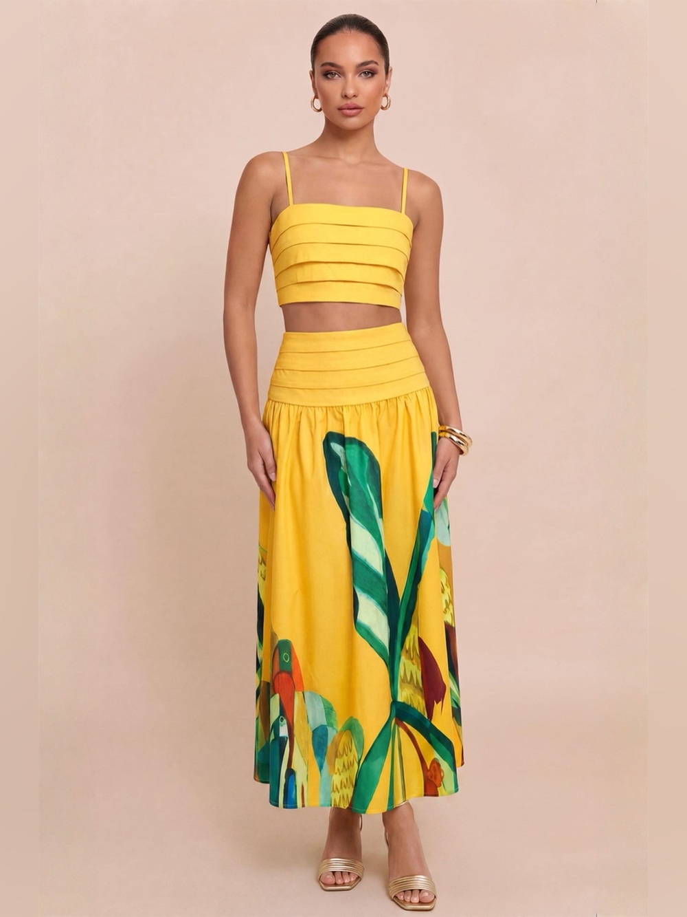 NWT Luxxel Yellow Maxi Skirt Set with Tropical Parrot Print | Resort Wear